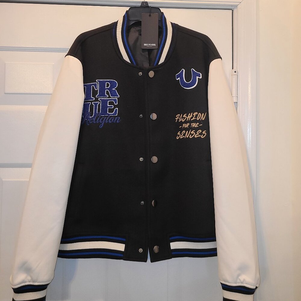 True Religion Buddha Brand Size Lg Varsity Jacket Color Black/Winter White NWT
